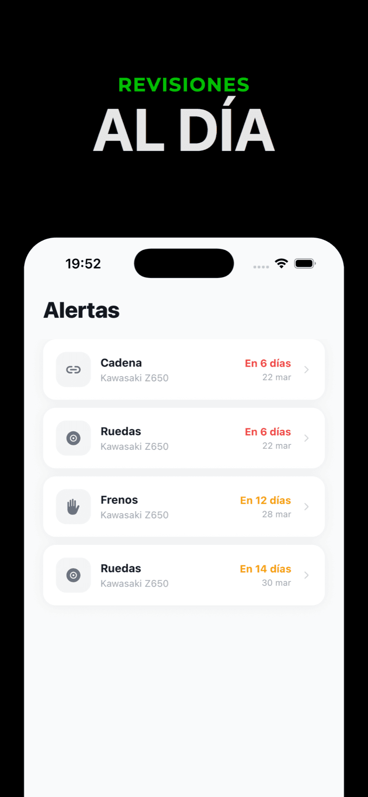 Pantalla de alertas y recordatorios de Pitmi mostrando avisos de mantenimiento e ITV organizados para no olvidar fechas clave